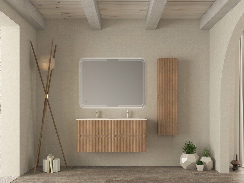 Badezimmermöbel FARO 120 cm gerippte Tabak-Eiche und Waschbecken Unitop aus Harz SLIM Weiß Hochglanz | IperCeramica