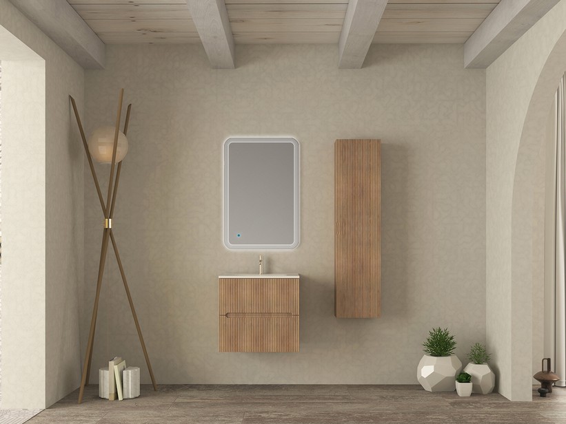 Badezimmermöbel FARO 60 cm gerippte Tabak-Eiche und Waschbecken Unitop aus Harz SLIM Weiß glänzend | IperCeramica