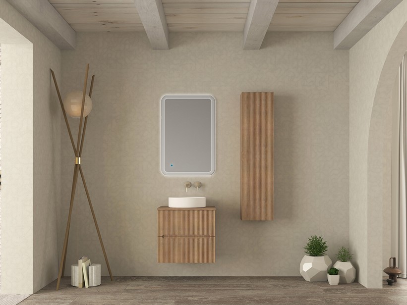 Badezimmermöbel FARO 60 cm gerippte Tabak-Eiche mit Aufsatz für Aufsatzwaschbecken | IperCeramica
