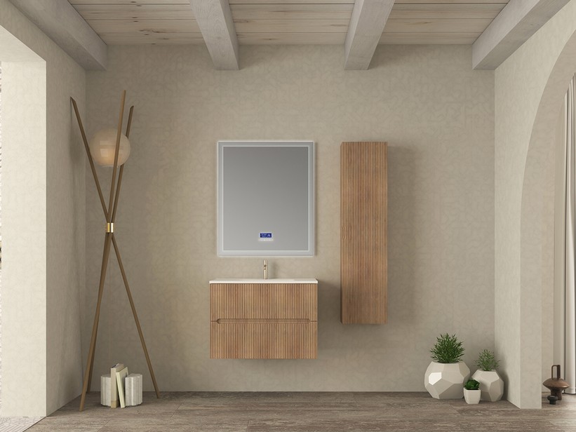 Badezimmermöbel FARO 80 cm gerippte Tabak-Eiche und Waschbecken Unitop aus Keramik ANDY Weiß Glänzend | IperCeramica
