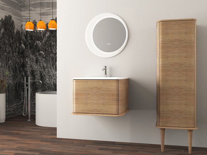 Hängebadmöbel ATLAS L64 cm mit 1 Schublade und Unitop-Waschbecken aus Harz - Ausführung Eiche Tabak matt | IperCeramica