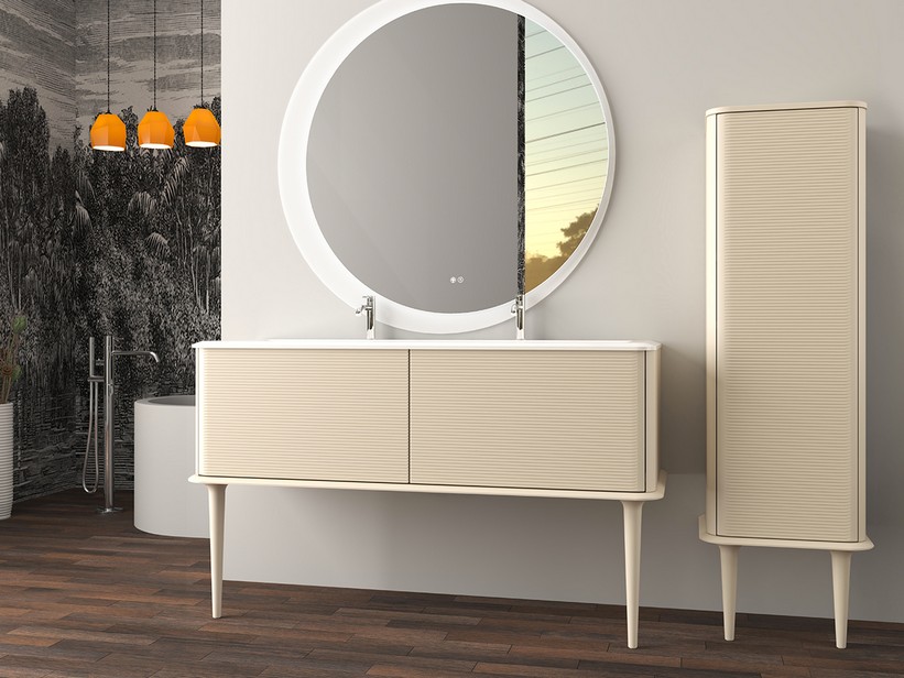 Standbadmöbel ATLAS L144 cm mit 2 Schubladen und Unitop-Waschbecken aus Harz - Ausführung Baumwolle matt | IperCeramica Standbadmöbel ATLAS L144 cm mit 2 Schubladen und Unitop-Waschbecken aus Harz - Ausführung Baumwolle matt | IperCeramica