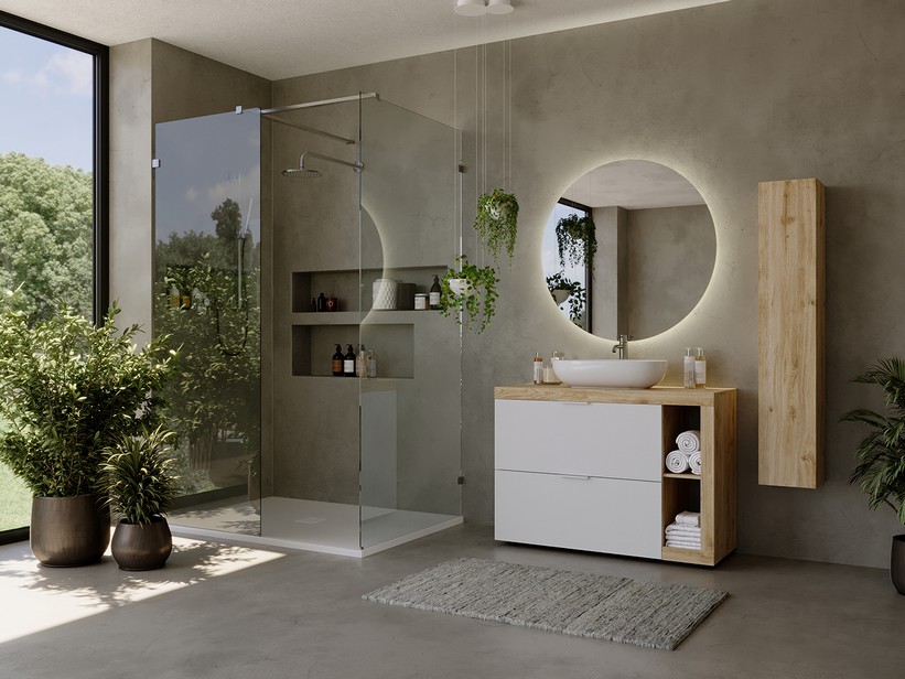 Standbadmöbel Link 110 cm Eiche/Weiß matt mit Platte für Aufsatzwaschbecken | IperCeramica