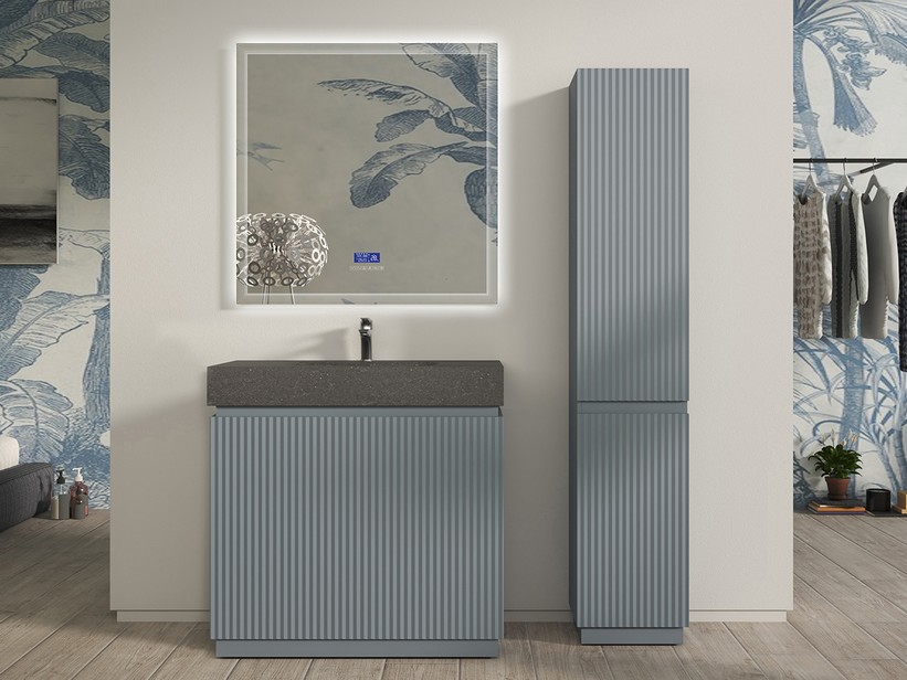 Badmöbel FARO am Boden 90 cm gerippt Blau avio matt und Waschbecken Unitop aus HPL Quarzit dunkel | IperCeramica Badmöbel FARO am Boden 90 cm gerippt Blau avio matt und Waschbecken Unitop aus HPL Quarzit dunkel | IperCeramica