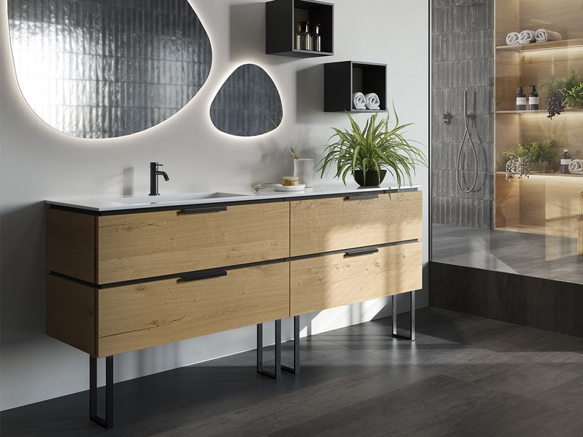 OXYGEN Badmöbel 160 cm mit 4 Schubladen Eiche mit Knorren und UNITOP Waschbecken Links aus HIDE-Harz und Bodenhalterungen | IperCeramica