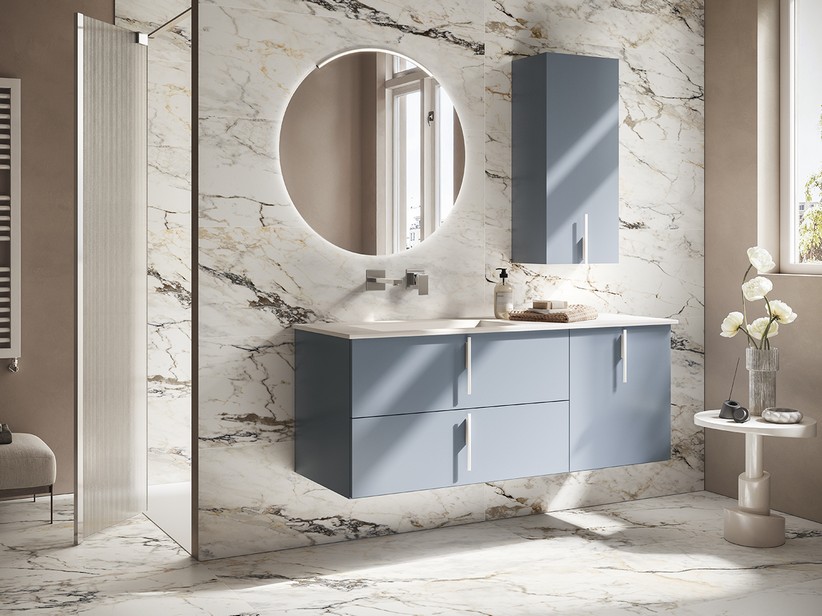 Badmöbel DESK 140 cm Blau Avio matt - Griffe und Waschbecken HIDE Weiß matt | IperCeramica Badmöbel DESK 140 cm Blau Avio matt - Griffe und Waschbecken HIDE Weiß matt | IperCeramica