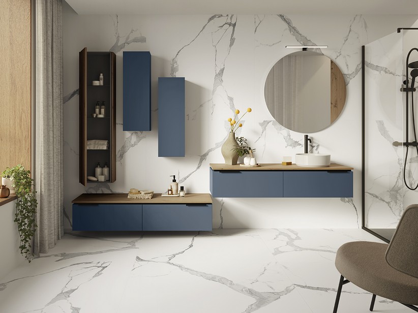 Badmöbel TOUCH 140 cm 2 Schubladen Blau matt und Platte 1,8 cm Eiche mit Knorren | IperCeramica
