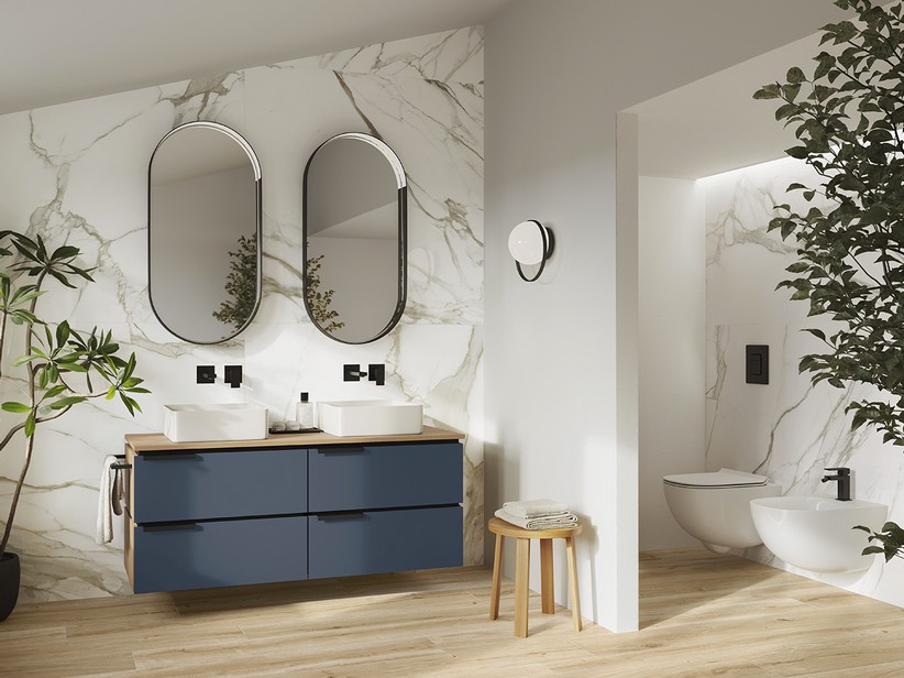 Badmöbel TOUCH 140 cm 4 Schubladen Blau matt und Platte 1,8 cm Eiche mit Knorren | IperCeramica
