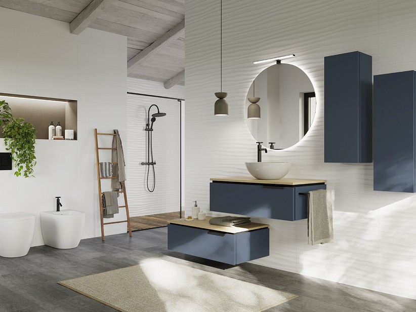 Badmöbel TOUCH 90 cm 1 Schubladen Blau matt und Platte St. 1,8 cm aus Eiche mit Knorren | IperCeramica