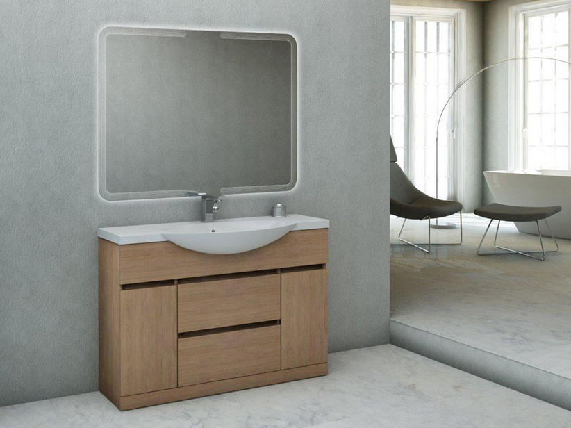 Badmöbel Alyssa 121 cm Standversion Eiche Tabak Waschbecken Weiß Glänzend | IperCeramica