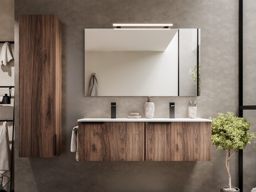 Badezimmermöbel AVIVO 120 cm, 2 Schubladen, gerippte-Muster, dunkle Eiche, mit Waschbecken aus glänzender weißer Keramik | IperCeramica