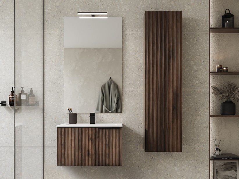 Badezimmermöbel AVIVO 60 cm 1 Schublade gerippte Eiche dunkel mit Waschbecken aus Keramik, weiß glänzend | IperCeramica
