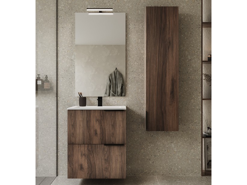 Badezimmermöbel AVIVO 60 cm, 2 Schubladen, dunkle Eiche mit glänzend weißem Waschbecken aus Kunstharz HIDE | IperCeramica