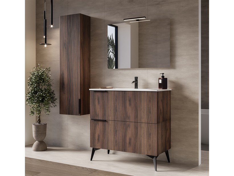 Badezimmermöbel AVIVO 90 cm, 2 Schubladen, dunkelbraunes Eichenholz mit Waschbecken aus glänzender weißer Keramik | IperCeramica