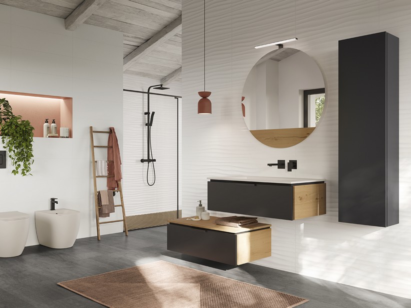 Badmöbel TOUCH 90 cm 1 Schublade Phoenix Schwarz Matt/Eiche mit Knoten und Waschbecken HIDE Weiss Matt | IperCeramica