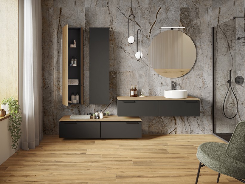 Badmöbel TOUCH 140 cm 2 Schubladen Phoenix Schwarz Matt und Top 1,8 cm Eiche mit Knoten | IperCeramica