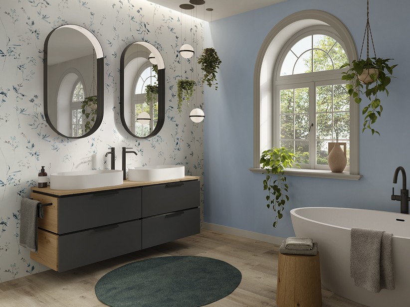 Badmöbel TOUCH 140 cm 4 Schubladen Phoenix Schwarz Matt und Top 1,8 cm Eiche mit Knoten | IperCeramica