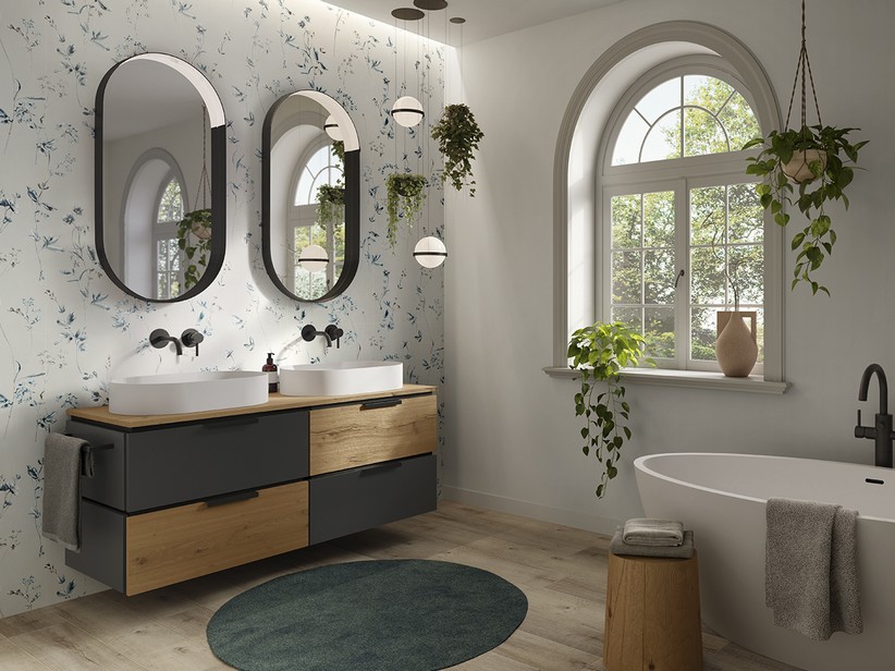 Badmöbel TOUCH 140 cm 4 Schubladen Phoenix Schwarz Matt/Eiche mit Knoen und Top 1,8 cm | IperCeramica