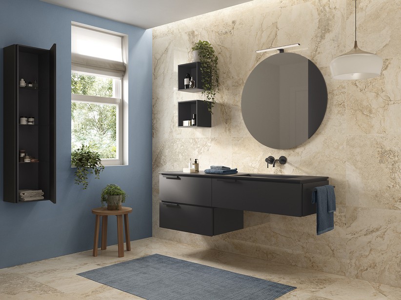 Badmöbel TOUCH 160 cm 3 Schubladen Phoenix Schwarz Matt und Waschbecken HIDE Rechts Schwarz | IperCeramica Badmöbel TOUCH 160 cm 3 Schubladen Phoenix Schwarz Matt und Waschbecken HIDE Rechts Schwarz | IperCeramica