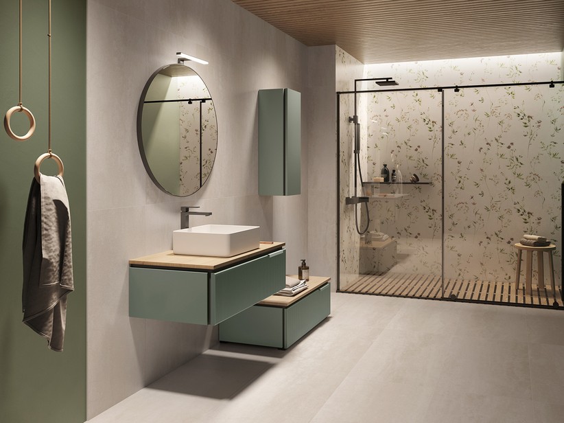 Badmöbel BLUES 90 cm 1 gerippte Schublade Salbeigrün matt und Platte 1,8 cm Eiche mit Knorren | IperCeramica