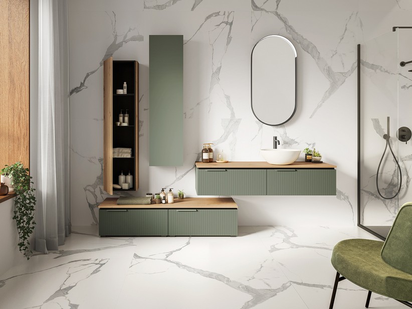 Badmöbel BLUES 140 cm 2 gerippte Schubladen Salbeigrün matt und Platte 1,8 cm aus Eiche mit Knorren | IperCeramica