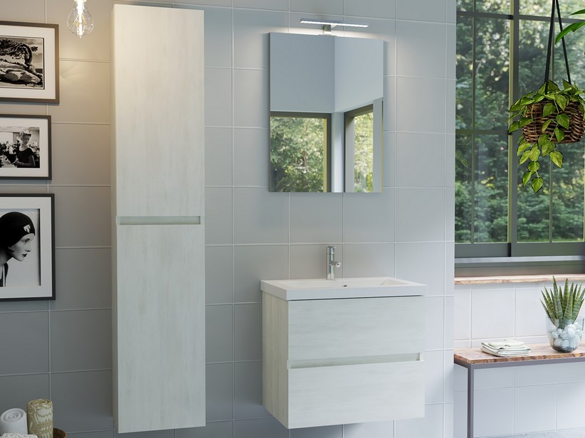 Platzsparendes Badmöbel COMPACT-39 cm 2 Schubladen Lärche weiß und Unitop-Waschbecken aus Mineralmarmor Weiß glänzend | IperCeramica Platzsparendes Badmöbel COMPACT-39 cm 2 Schubladen Lärche weiß und Unitop-Waschbecken aus Mineralmarmor Weiß glänzend | IperCeramica
