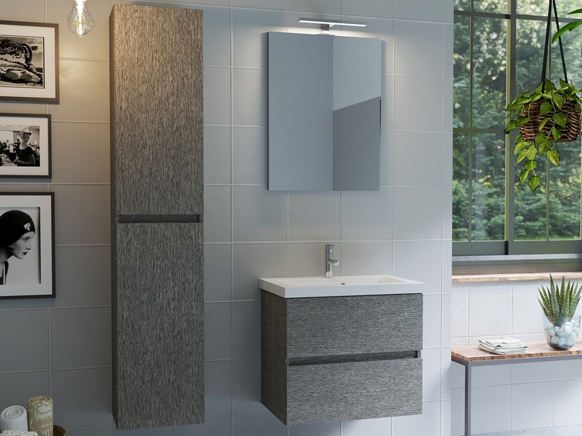 Platzsparendes Badmöbel COMPACT-39 cm 2 Schubladen Lärche grau und Unitop-Waschbecken aus Mineralmarmor Weiß glänzend | IperCeramica Platzsparendes Badmöbel COMPACT-39 cm 2 Schubladen Lärche grau und Unitop-Waschbecken aus Mineralmarmor Weiß glänzend | IperCeramica