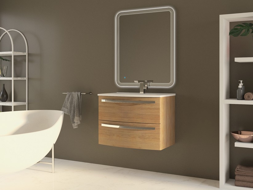 Badmöbel Corallo 75 cm 2 Schubladen Eiche Tabak mit Waschbecken Unitop aus glänzendem weißem Harz | IperCeramica