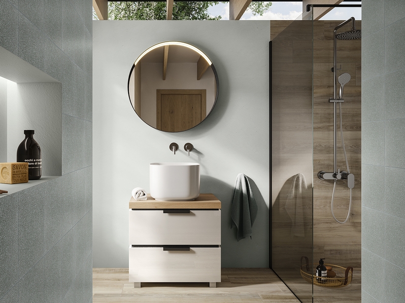 Stand-Badmöbel TOUCH 70 cm 2 Schubladen Weiß glänzend und Eichenplatte mit Knorren | IperCeramica Stand-Badmöbel TOUCH 70 cm 2 Schubladen Weiß glänzend und Eichenplatte mit Knorren | IperCeramica