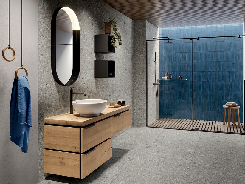 Badmöbel OXYGEN 140 cm 3 Schubladen und 4,5 cm dicke Platte aus Eichennaturholz mit Knorren | IperCeramica Badmöbel OXYGEN 140 cm 3 Schubladen und 4,5 cm dicke Platte aus Eichennaturholz mit Knorren | IperCeramica