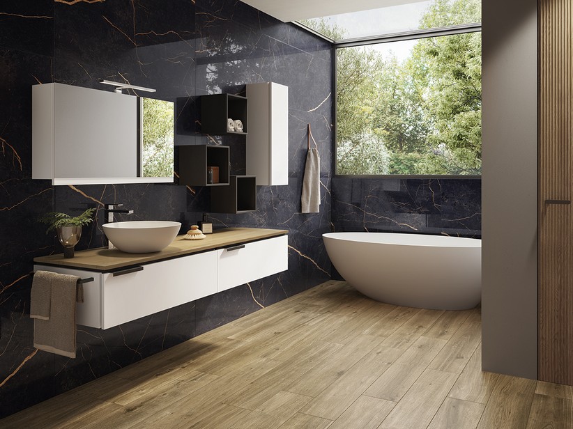 Badmöbel TOUCH 140 cm 2 Schubladen Weiß matt und Platte 1,8 cm aus Eiche mit Knorren | IperCeramica