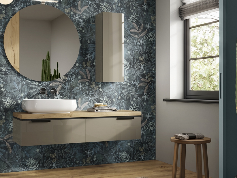 Badmöbel TOUCH 140 cm 2 Schubladen Graubeige Glänzend und Platte aus Eiche mit Knorren | IperCeramica