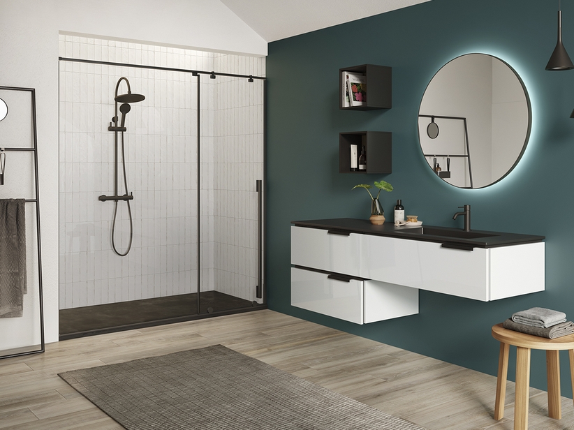 Badmöbel TOUCH 160 cm mit 3 Schubladen Weiß glänzend und Unitop-Waschbecken HIDE rechts aus Gussmarmor mit Steinoptik Schwarz | IperCeramica Badmöbel TOUCH 160 cm mit 3 Schubladen Weiß glänzend und Unitop-Waschbecken HIDE rechts aus Gussmarmor mit Steinoptik Schwarz | IperCeramica
