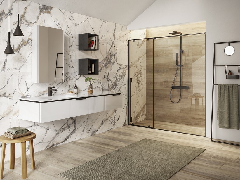 Badmöbel TOUCH 180 cm 2 Schubladen mit Unitop-Waschbecken HIDE links aus Gussmarmor Weiß glänzend | IperCeramica Badmöbel TOUCH 180 cm 2 Schubladen mit Unitop-Waschbecken HIDE links aus Gussmarmor Weiß glänzend | IperCeramica