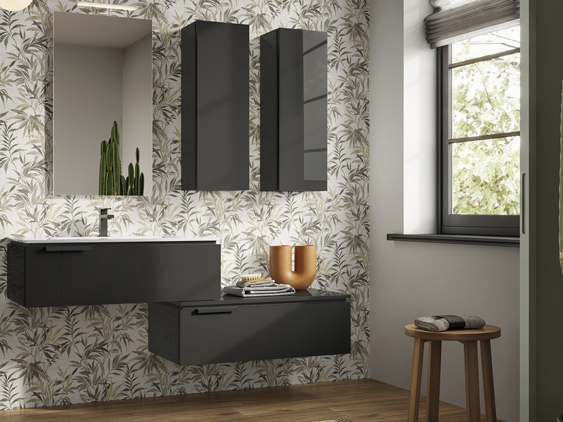 Badmöbel TOUCH 90 cm 1 Schublade Anthrazitgrau glänzend und Unitop-Waschbecken HIDE aus Gussmarmor Weiß matt | IperCeramica Badmöbel TOUCH 90 cm 1 Schublade Anthrazitgrau glänzend und Unitop-Waschbecken HIDE aus Gussmarmor Weiß matt | IperCeramica