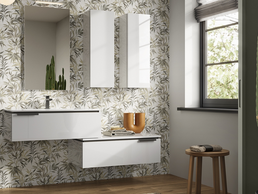 Badmöbel TOUCH 90 cm 1 Schublade Weiß glänzend und Unitop-Waschbecken HIDE aus Gussmarmor Weiß matt | IperCeramica Badmöbel TOUCH 90 cm 1 Schublade Weiß glänzend und Unitop-Waschbecken HIDE aus Gussmarmor Weiß matt | IperCeramica