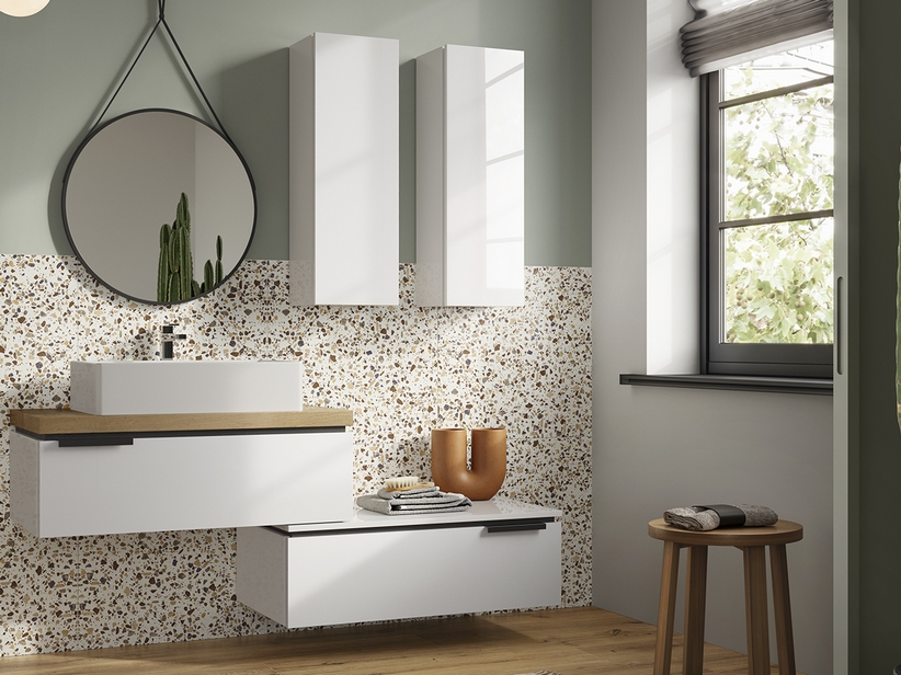 Badmöbel TOUCH 90 cm 1 Schublade Weiß glänzend und Eichenplatte 4,5 cm mit Knorren | IperCeramica