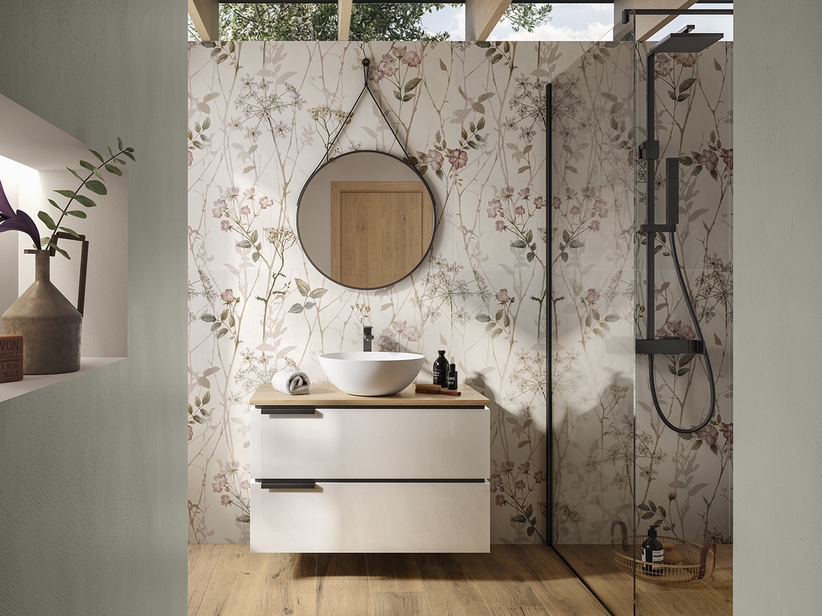 Badmöbel TOUCH 90 cm 2 Schubladen Weiß glänzend und Eichenplatte mit Knorren | IperCeramica