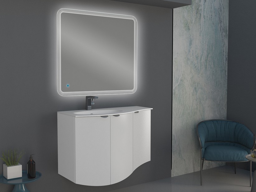 Geschwungenes Badmöbel Wave 104 cm Weiß matt und Waschbecken aus Glas Becken links Weiß glänzend | IperCeramica