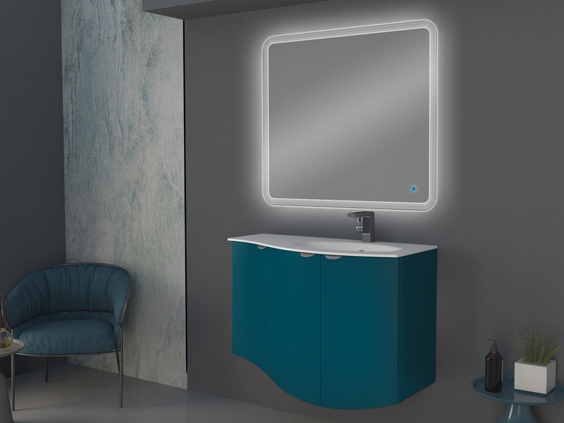 Geschwungenes Badmöbel Wave 104 cm Petrolblau matt und Waschbecken aus Glas Becken rechts Weiß glänzend | IperCeramica