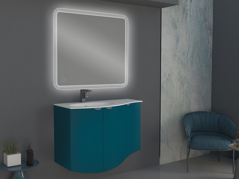 Geschwungenes Badmöbel Wave 104 cm Petrolblau matt und Waschbecken aus Glas Becken links Weiß glänzend | IperCeramica