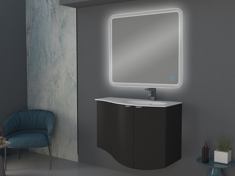 Geschwungenes Badmöbel Wave 104 cm Graphit matt und Waschbecken aus Glas Becken rechts Weiß glänzend | IperCeramica