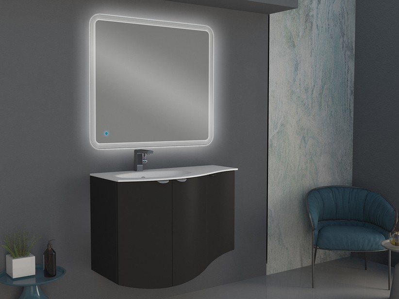Geschwungenes Badmöbel Wave 104 cm Graphit matt und Waschbecken aus Glas Becken links Weiß glänzend | IperCeramica