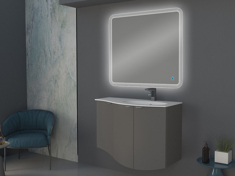 Geschwungenes Badmöbel Wave 104 cm Wolkengrau matt und Waschbecken aus Glas Becken rechts Weiß glänzend | IperCeramica