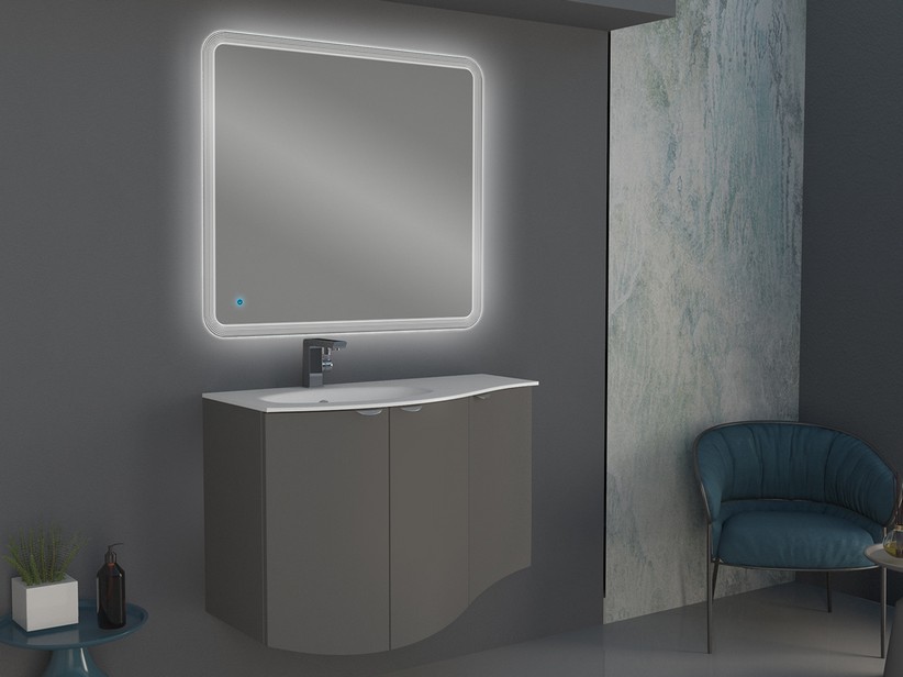 Geschwungenes Badmöbel Wave 104 cm Wolkengrau matt und Waschbecken aus Glas Becken links Weiß glänzend | IperCeramica