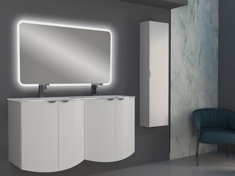 Geschwungenes Badmöbel Wave 138 cm Weiß matt und Waschbecken aus Glas Doppelbecken Weiß glänzend | IperCeramica
