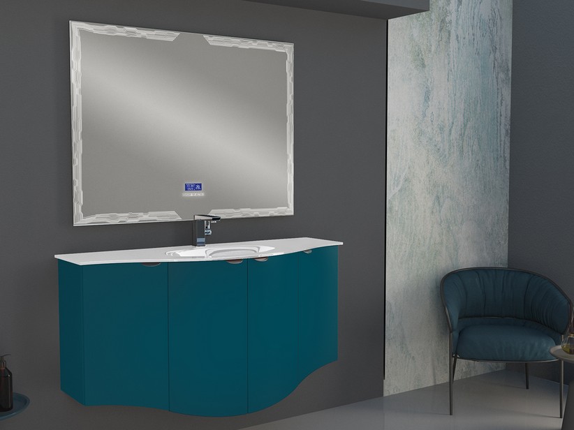 Geschwungenes Badmöbel Wave 138 cm Petrolblau matt und Waschbecken aus Glas Becken in der Mitte Weiß glänzend | IperCeramica