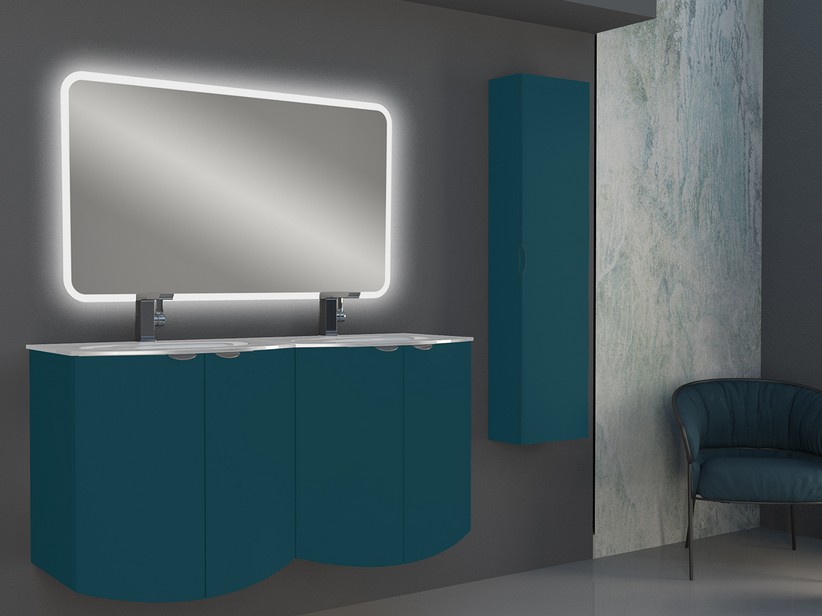 Geschwungenes Badmöbel Wave 138 cm Petrolblau matt und Waschbecken aus Glas Doppelbecken Weiß glänzend | IperCeramica