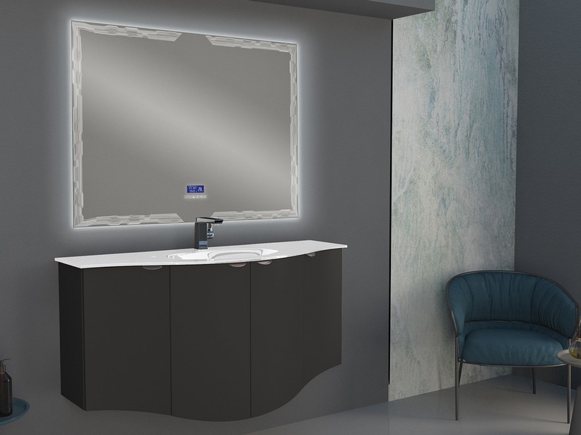 Geschwungenes Badmöbel Wave 138 cm Graphit matt und Waschbecken aus Glas Becken in der Mitte Weiß glänzend | IperCeramica