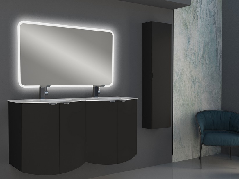 Geschwungenes Badmöbel Wave 138 cm Graphit matt und Waschbecken aus Glas Doppelbecken Weiß glänzend | IperCeramica